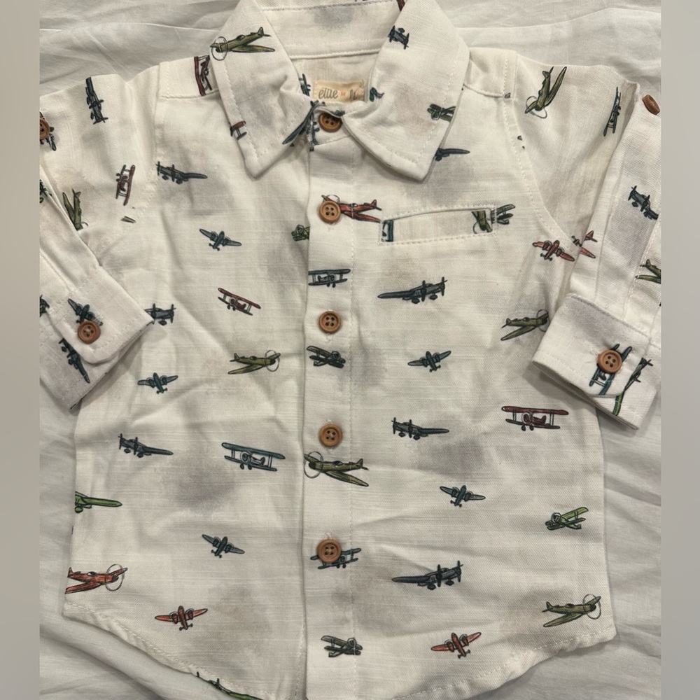 NWT-Ellie Kids Airplane Print Button Down Shirt - White-6/9 months